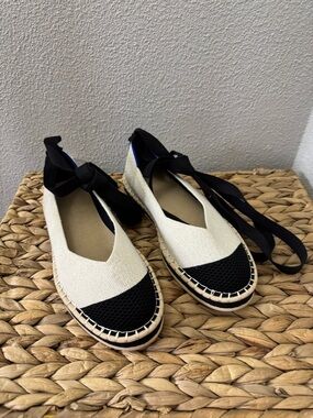 Rothy’s Women’s Black and Cream Espadrille Ballet Flats with Ankle Tie